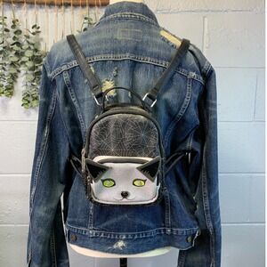 Betsey Johnson Spiderweb Cat Face Mini Backpack Black Grey Halloween Goth Bag